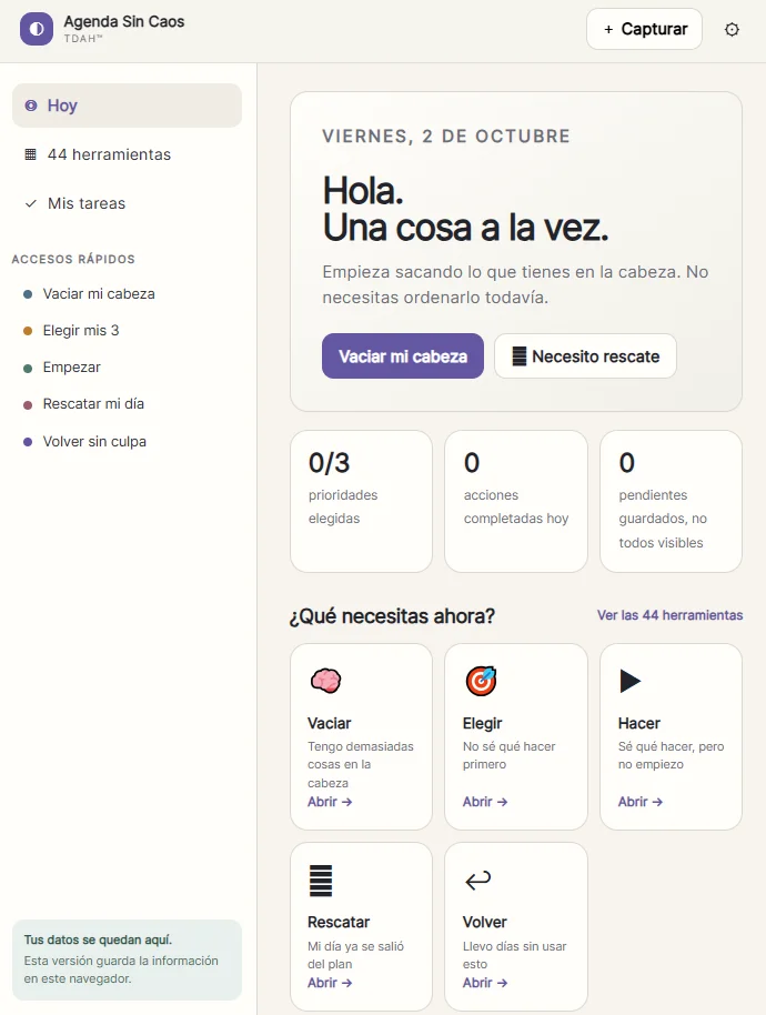 Agenda Sin Caos TDAH — pantalla de inicio de la web app.webp